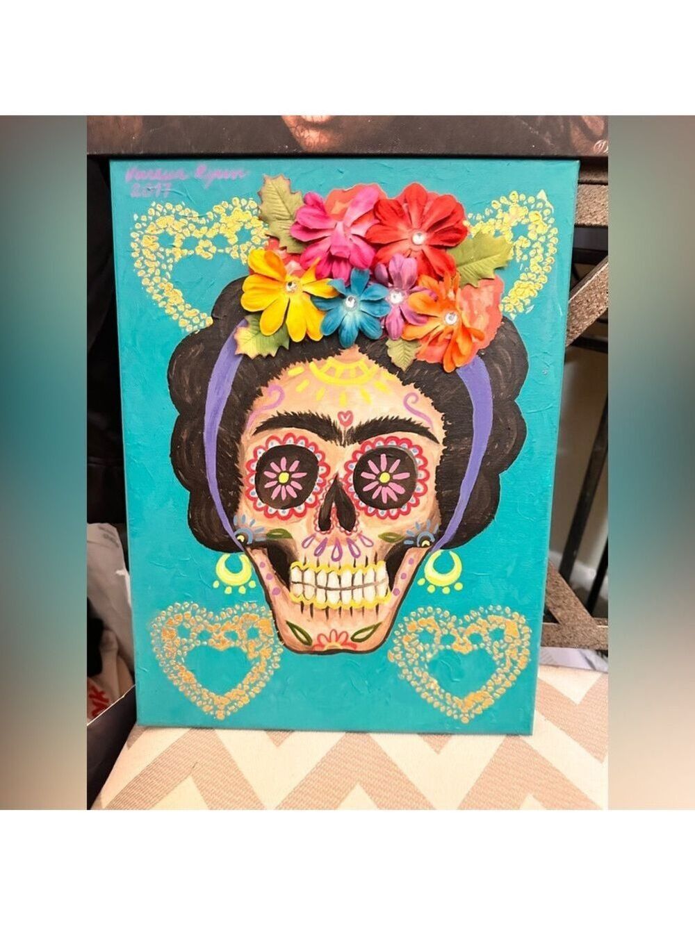 Frida skull hand painted art painting